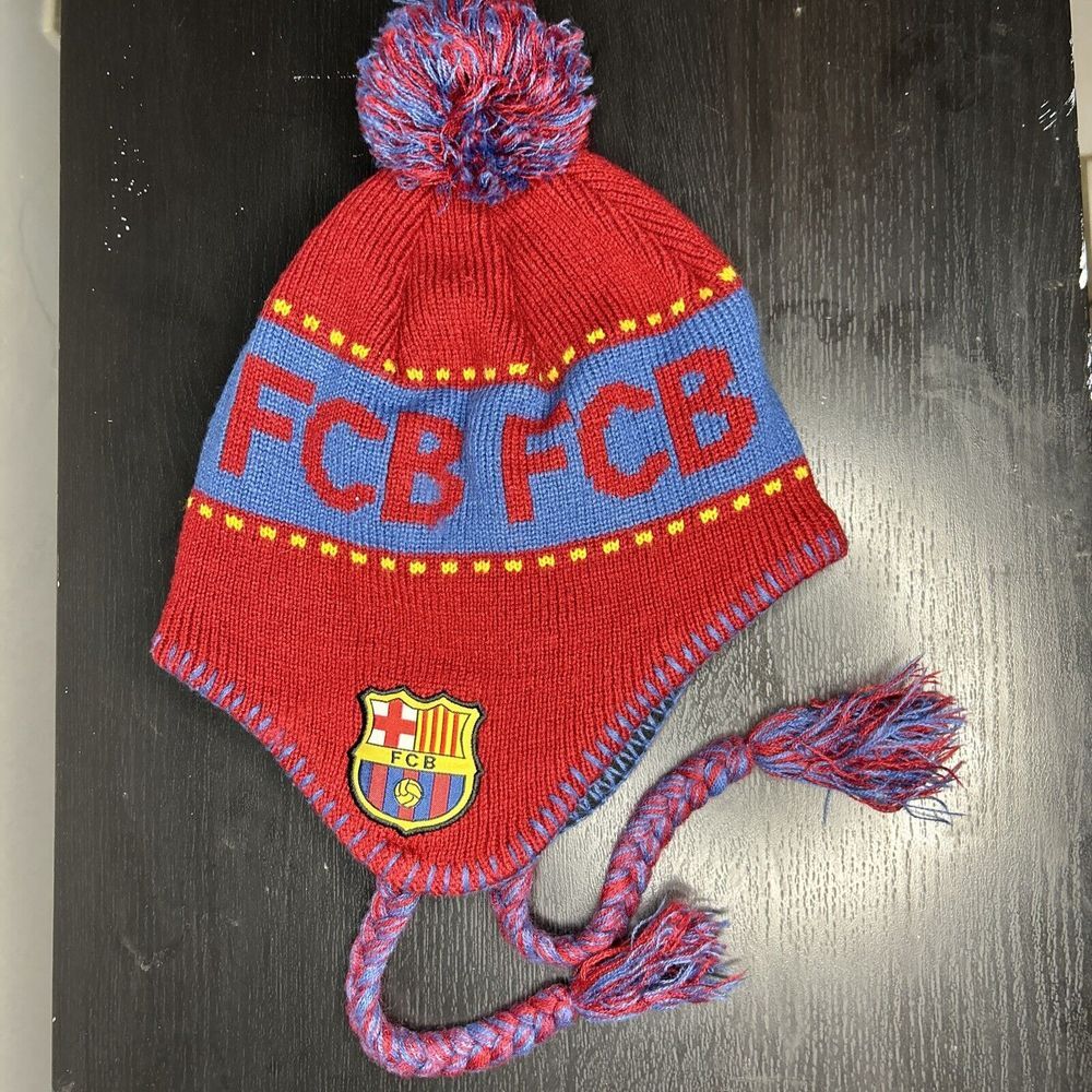 FCB Barcelona Peruvian Beanie Double Layered Ear Flap Soccer Winter Hat With Pom